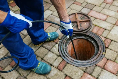 Plumber cleaning an outdoor sewer drain in Roswell