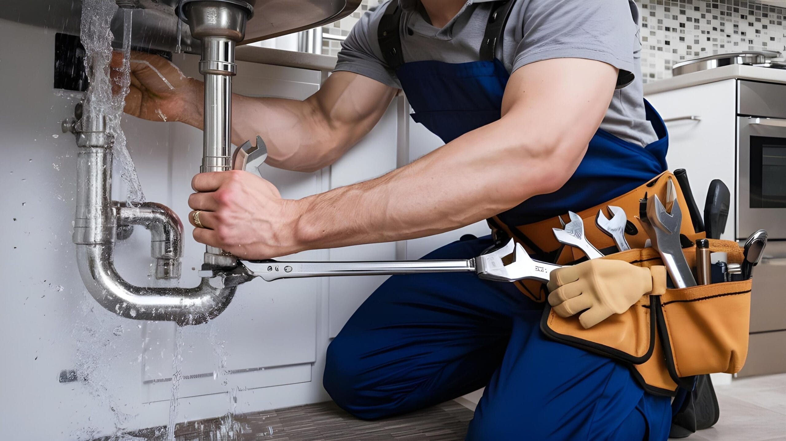 Plumber tightening a residential plumbing pipe in Roswell